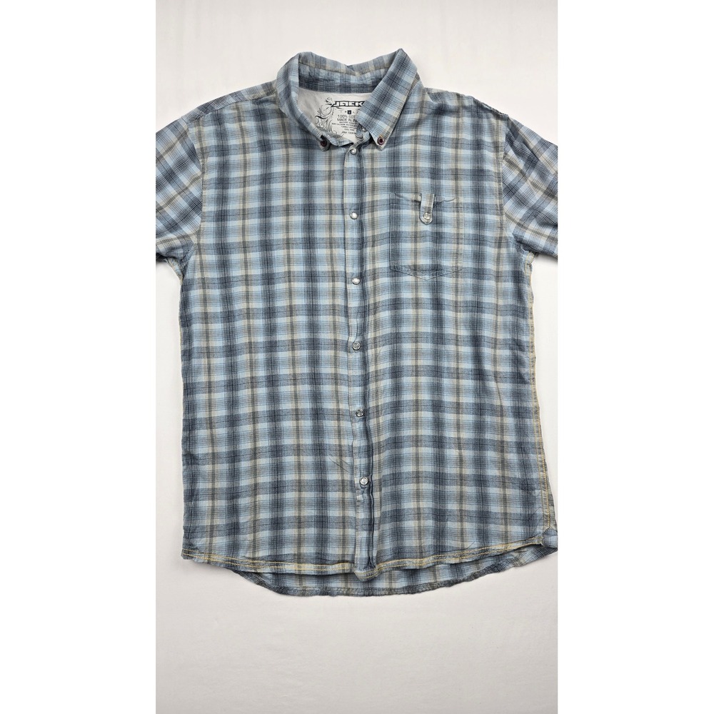 Jack Mens Blue Grey Plaid Short Sleeve Button Down Cotton Shirt Size L